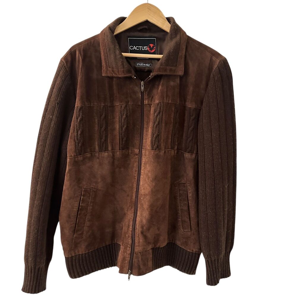 Cactus Italy Men's Vintage 80's Leather and Acrylic‎ Knit Full Zip Jacket Size L